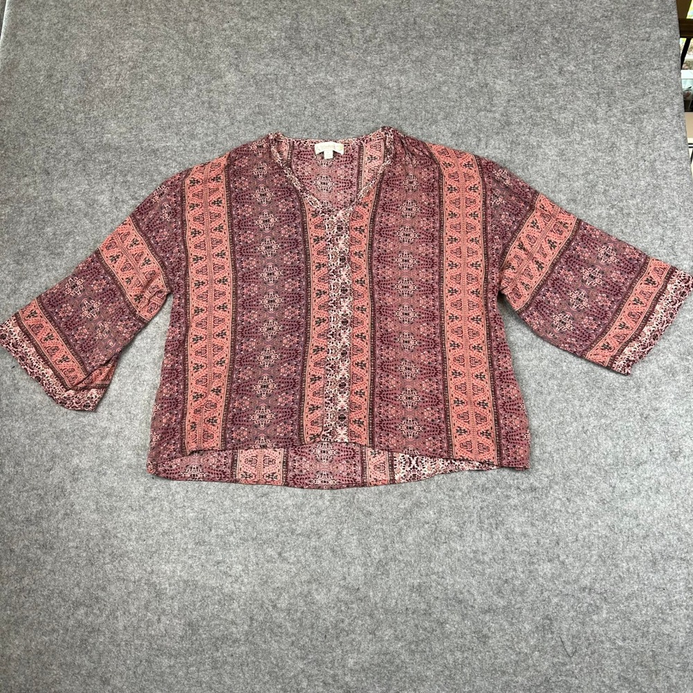 GUC Weekend Suzanne Betro Womens 1X Boho Medallion Print Rayon Blouse Burgundy